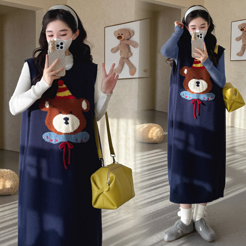 Trendy Jacquard Teddy Bear Vest Dress + Base Top Outerwear Autumn Winter Korean Style Casual Maternity Set Trendy Jacquard Teddy Bear Vest Dress + Base Top Outerwear Autumn Winter Korean Style Casual Maternity Set