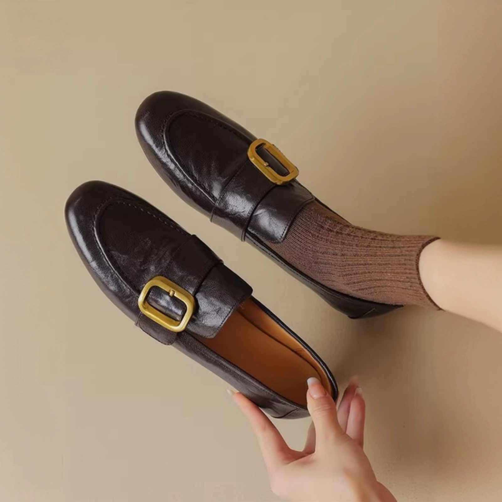 [Готовый запас] 977 Мягкие кожаные лоферы в стиле ретро, женские лоферы на мягкой подошве, весна-осень 202, новые французские туфли на плоской подошве, черные