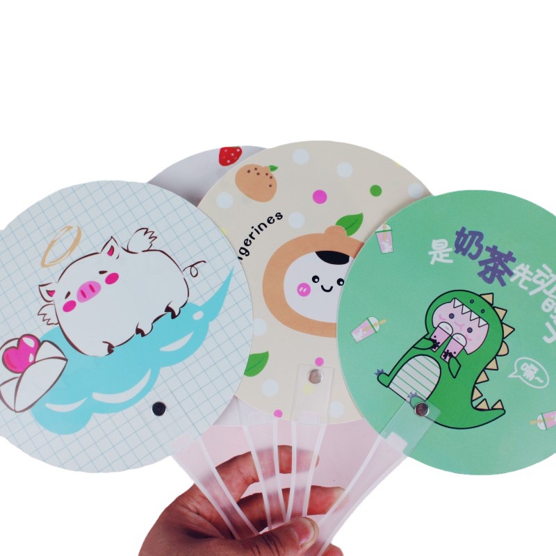 Patrón de dibujos animados lindo de verano, abanico de grupo portátil para estudiantes, abanico redondo portátil, abanico de mano para niños, regalo de empuje