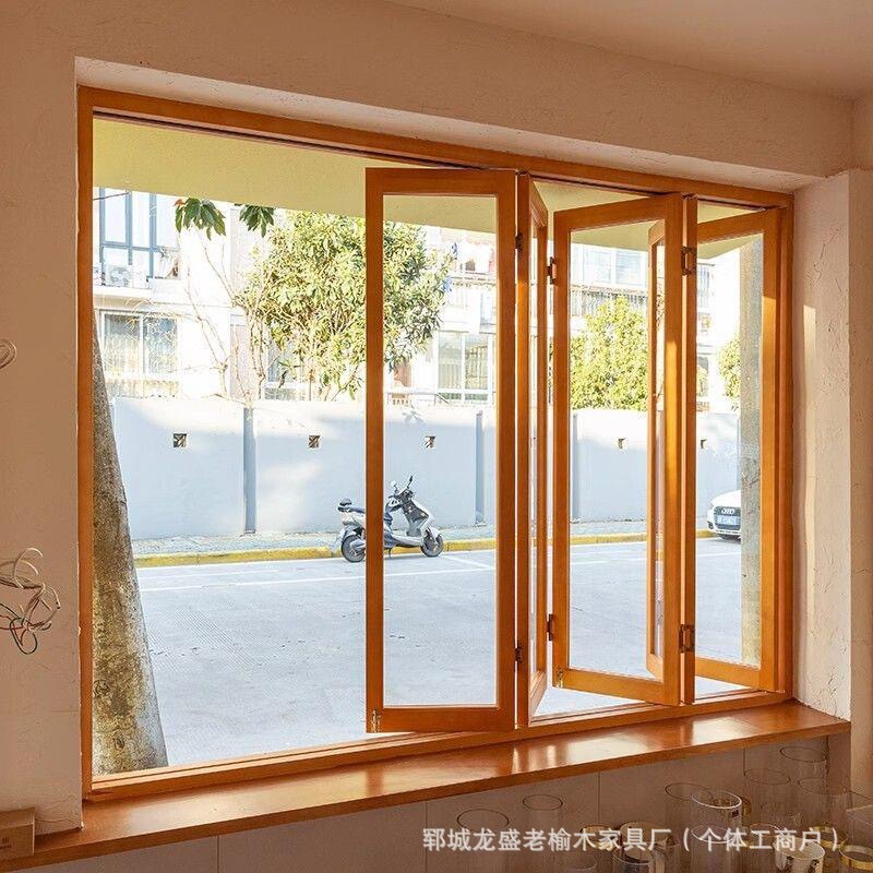 Old Elm Window Frame Solid Wood Upper and Lower Folding Windows Coffee Shop Cake Shop Doors and Windows Retro Wooden Sliding Doors and Windows