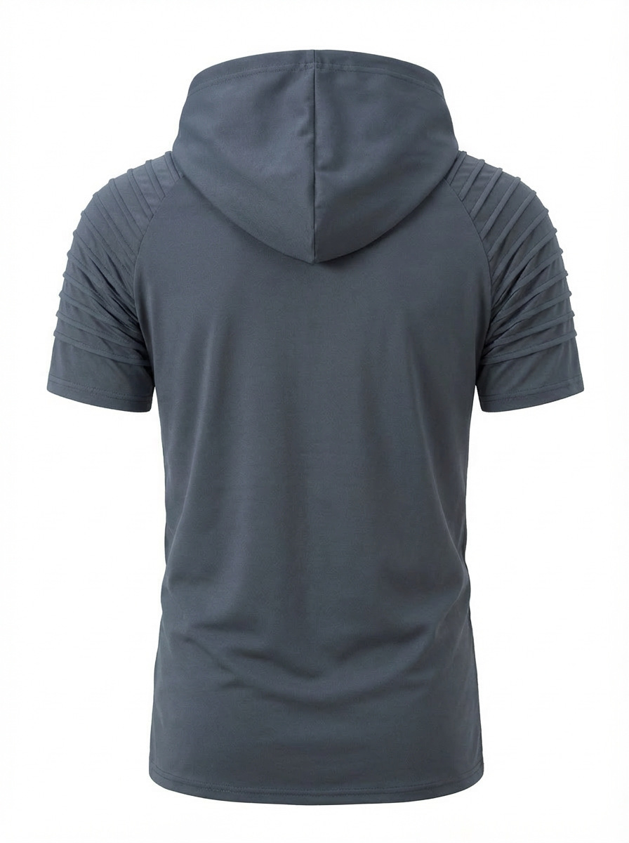 Men's Hooded Polo Shirt With Drawstring And Pleated Sleeves_voghion.com