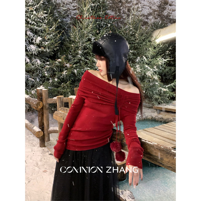 Youji Cz Zhang Christmas Atmosphere Off-The-Shoulder Wool Knit Sweater for Women, Slim-Fit Dress Base Layer B45320