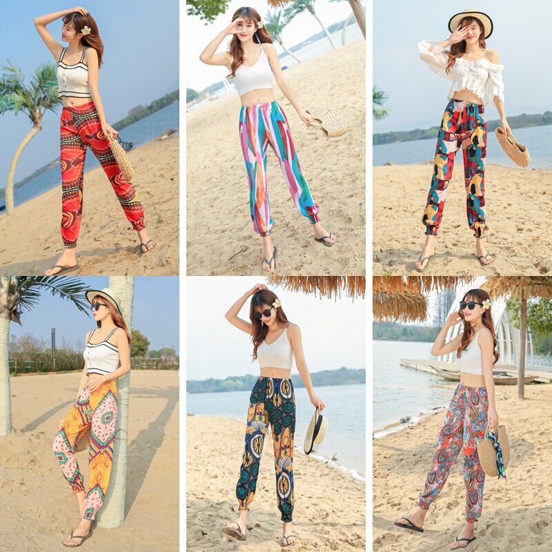 Women's beach pants cotton silk bloomers summer artificial Cotton pajama pants thin wide leg flower trousers tight feet adult mosquito-proof pants Women's beach pants cotton silk bloomers summer artificial Cotton pajama pants thin wide leg flower trousers tight feet adult mosquito-proof pants