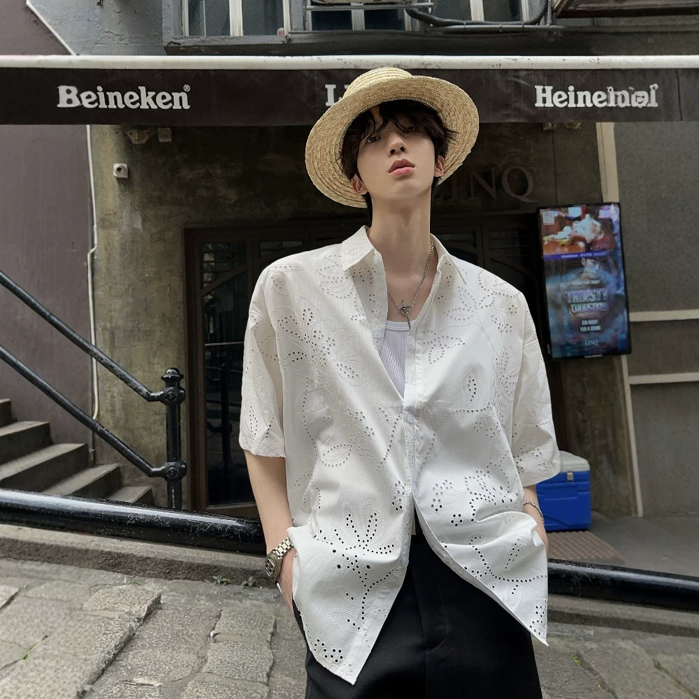 韩系少年感镂空短袖衬衫男夏季痞帅高级感五分半袖青少年情侣外套