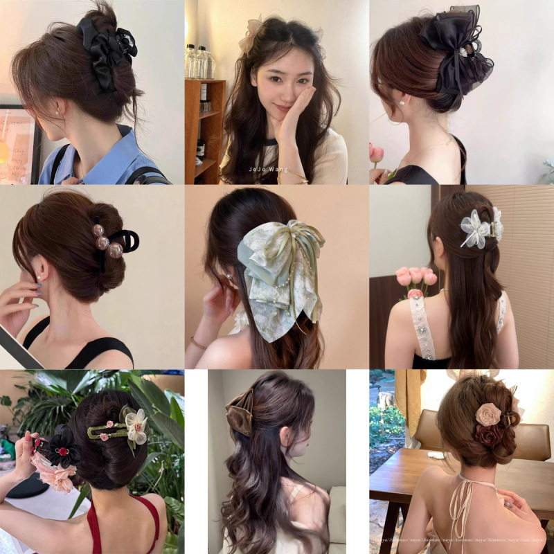 フレンチポルカドットレトロコントラストリボンリボンパールペンダント後頭部シャーククリップヘアピン女性用|undefined