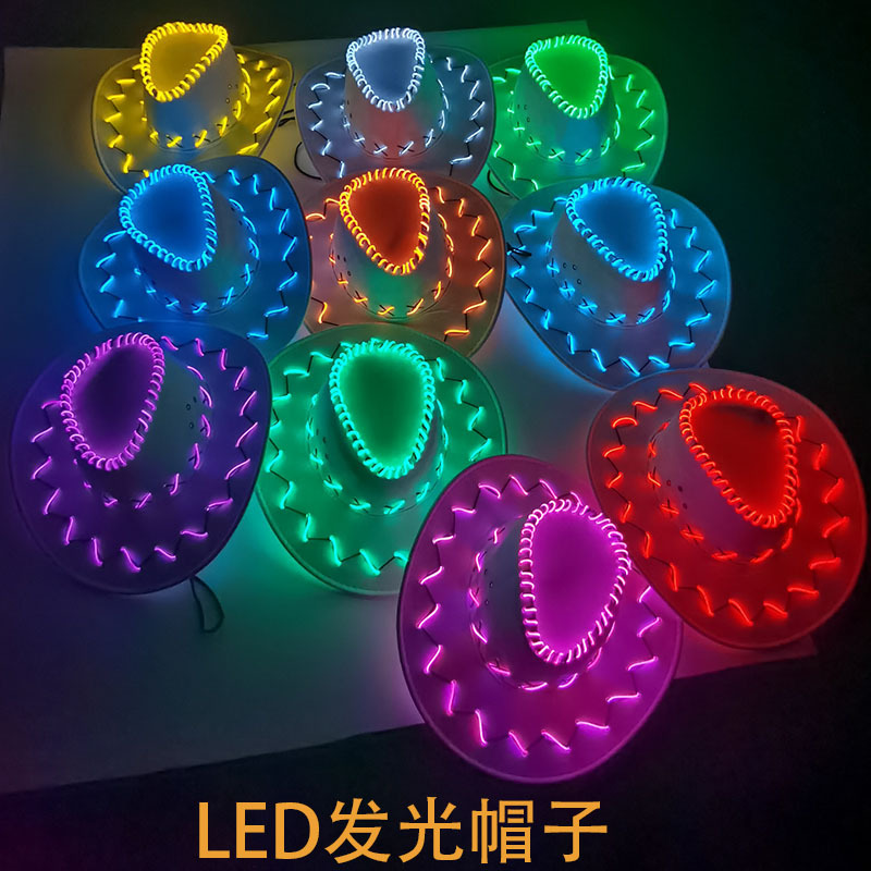 Cross-Border Hot-Selling Luminous Hats for Men and Women, Large-Brimmed Sun Protection Hats, Western Cowboy Hats, Couple's Jazz Hats