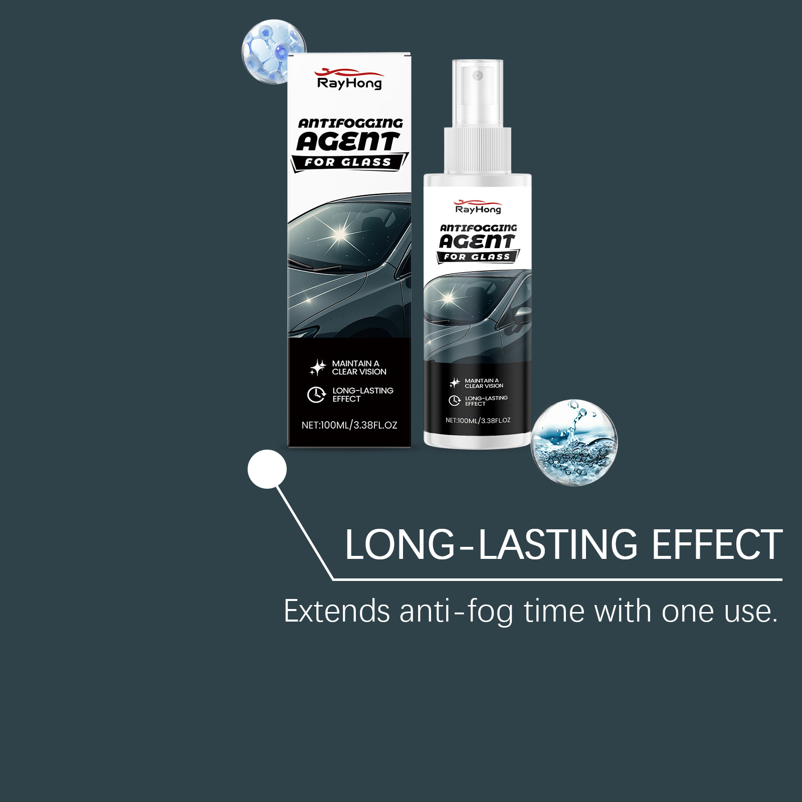 RAYHONG Car Glass Anti-Fog Agent: Cleans and defogges car windows and rearview mirrors, providing clear visibility in rainy weather