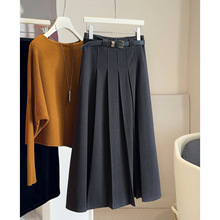 高级感斜纹毛呢百褶半身裙女2025秋复古气质A字遮胯中长款伞裙子