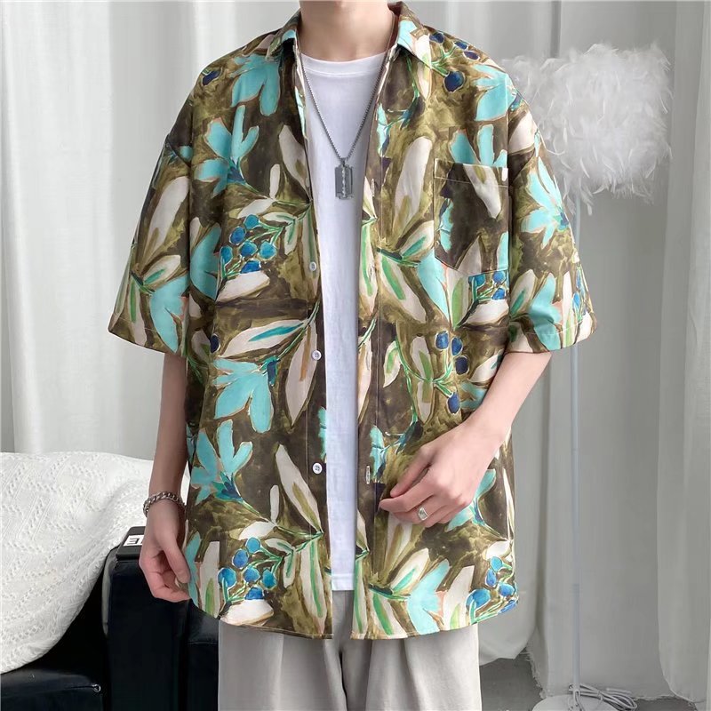 Hong Kong estilo Retro Vintage floral camisa manga corta Estilo Hawaiano tailandés diseño Ruan guapo camisa suelta para hombres y mujeres