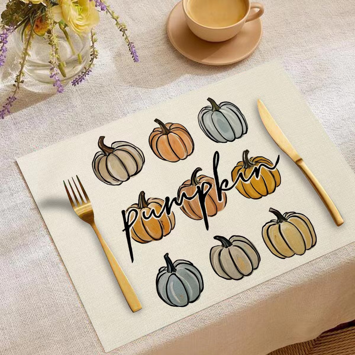 Transfronterizo temu explosión Día de Acción de Gracias otoño calabaza lino estampado conjunto lino estampado mesa de restaurante
