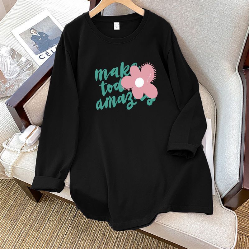 純綿長袖tシャツ女性秋新作韓国版ins潮オリジナルデザイン感プリント超美しいシャツ上着|undefined