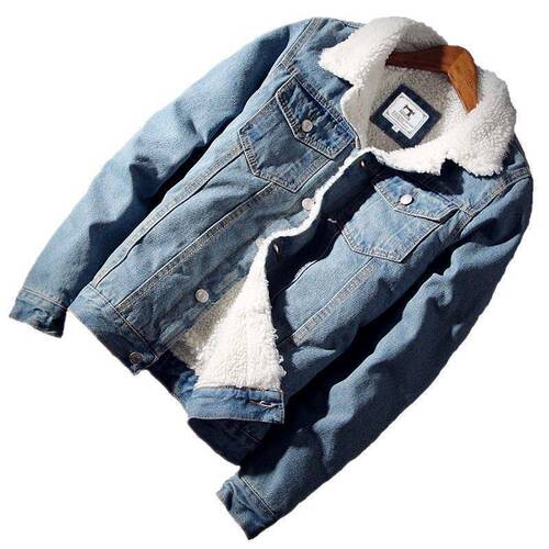Men's Fitted Winter Padded Denim Jacket with Fake Lamb Wool Fleece and Cotton Coat Upper