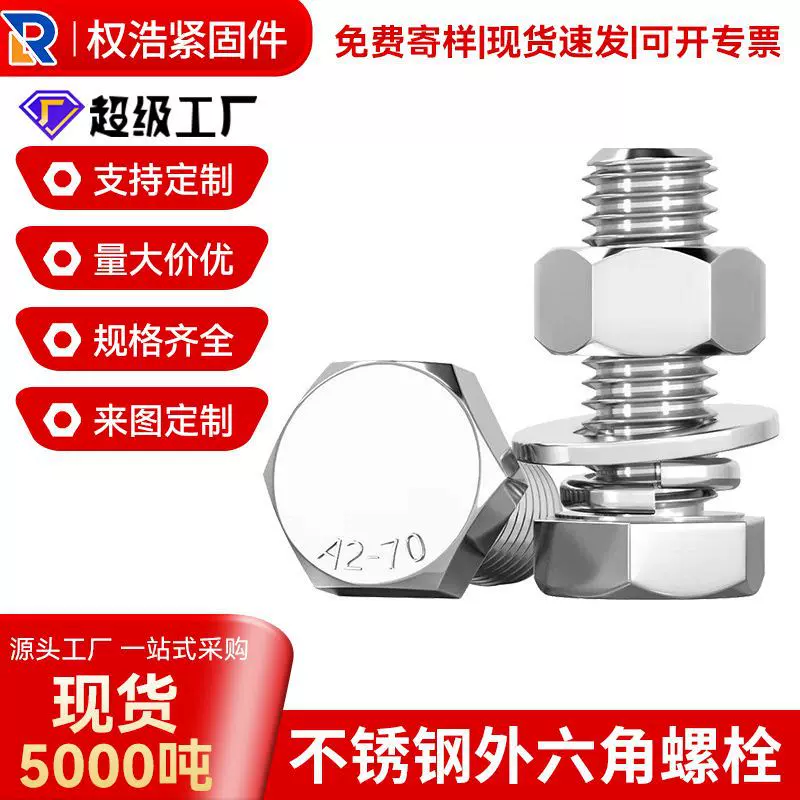 跨境厂家现货304不锈钢外六角螺丝全牙不锈钢外六角头螺栓半牙201