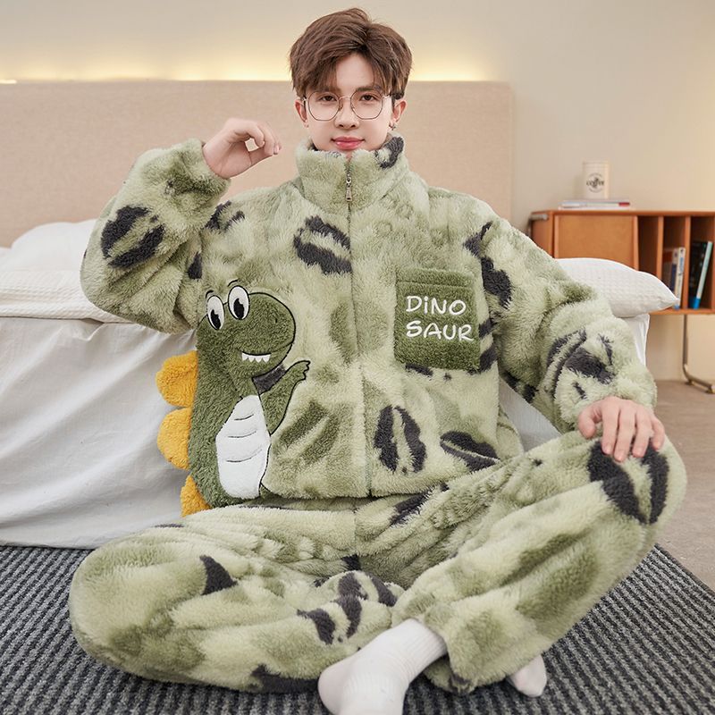 Men's Pajamas Winter Velvet Thickened Quilted Warm Plush Suit Stand Collar Home Clothes