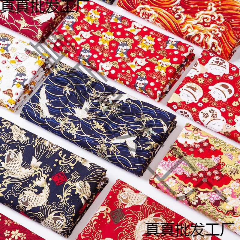 和风烫金 布料日本日式印花布全棉麻布汉服旗袍衣服装面料清仓1