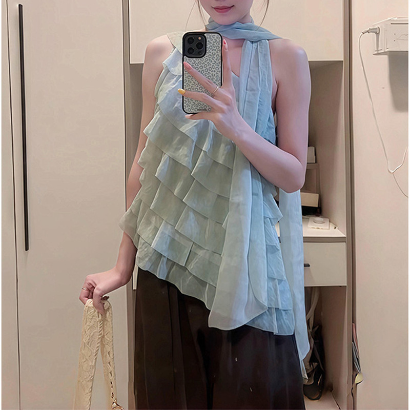 Qianyu Summer Gentle and Relaxed Style Off-Shoulder Halter Layered Top High-Waisted Slimming Wide-Leg Casual Pants Set