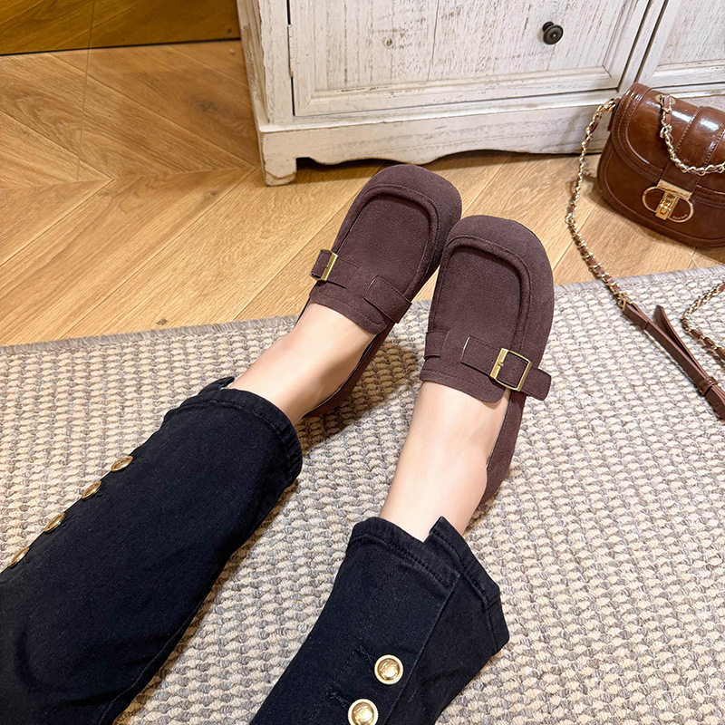 Giày lười nữ da lộn mũi tròn tăng chiều cao 5 cm phong cách Hàn Quốc — Khaki (toàn dải), Màu mơ (toàn dải), nâu sẫm