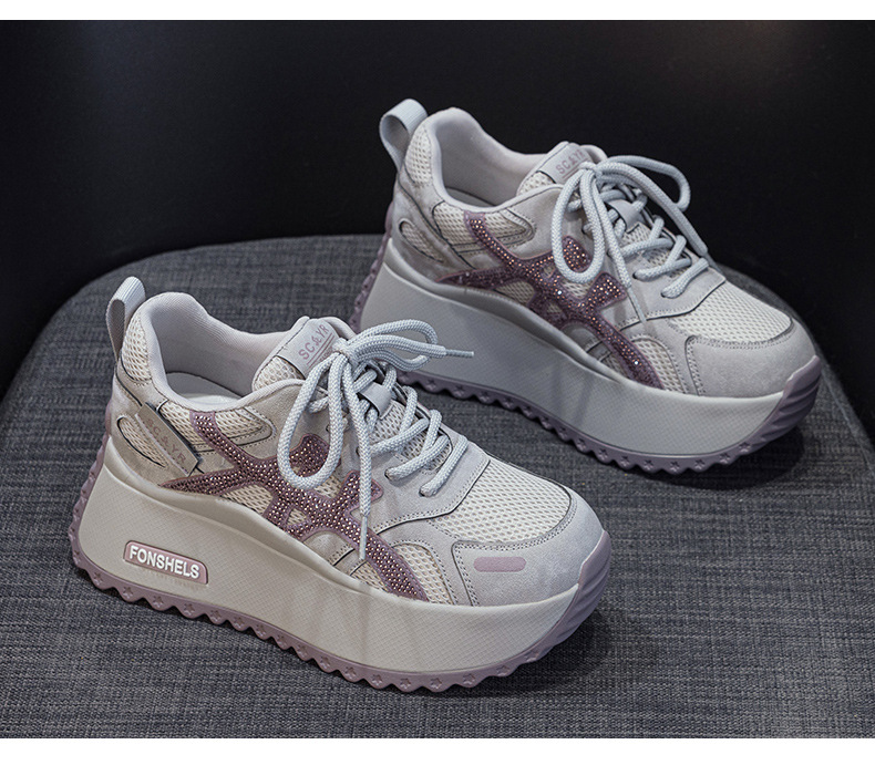 Giày sneaker nữ đế dày phong cách retro dành cho người dáng nhỏ, giày dad hot trend thu 2026, tăng chiều cao — M2933-1 màu xám đính kim cương, M2933 màu đen, M2933 màu nâu, M2933-1 màu đen đính kim cương chi tiết 24