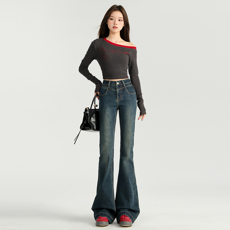 复古蓝微喇叭牛仔裤女2025年秋季新款高腰显瘦弹力修身百搭喇叭裤|undefined