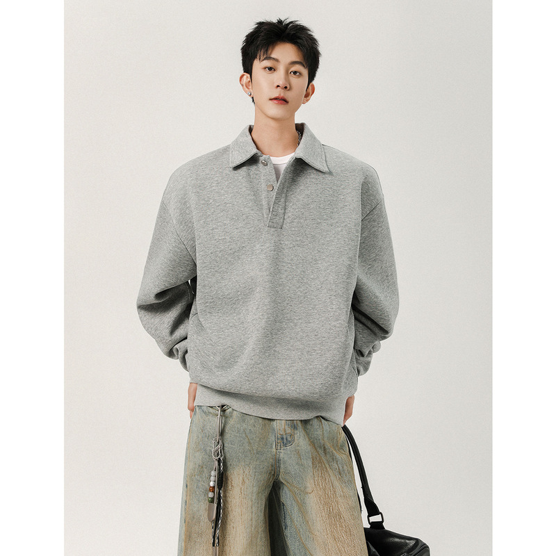 American Cleanfit Henley Collar Sweatshirt Men's Korean Style Boxy Style Top Trendy Brand High Intelligence Miu Style Polo Shirt