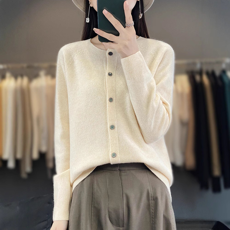 New Pure Wool Cardigan Women's Osmanthus Needle Round Neck Long-sleeved Knitted Shirt Loose Long-sleeved Outer Sweater Casual Top