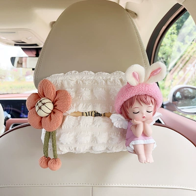 Creative Cute Angel Puff Car Tissue Box Cartoon Seat Car Hanging Car Paper Drawer Armrest Box Car Use (Car tissue box/set) - puff-tissue-box-orange-sunflower-plush-rabbit-ears-pink-anne
