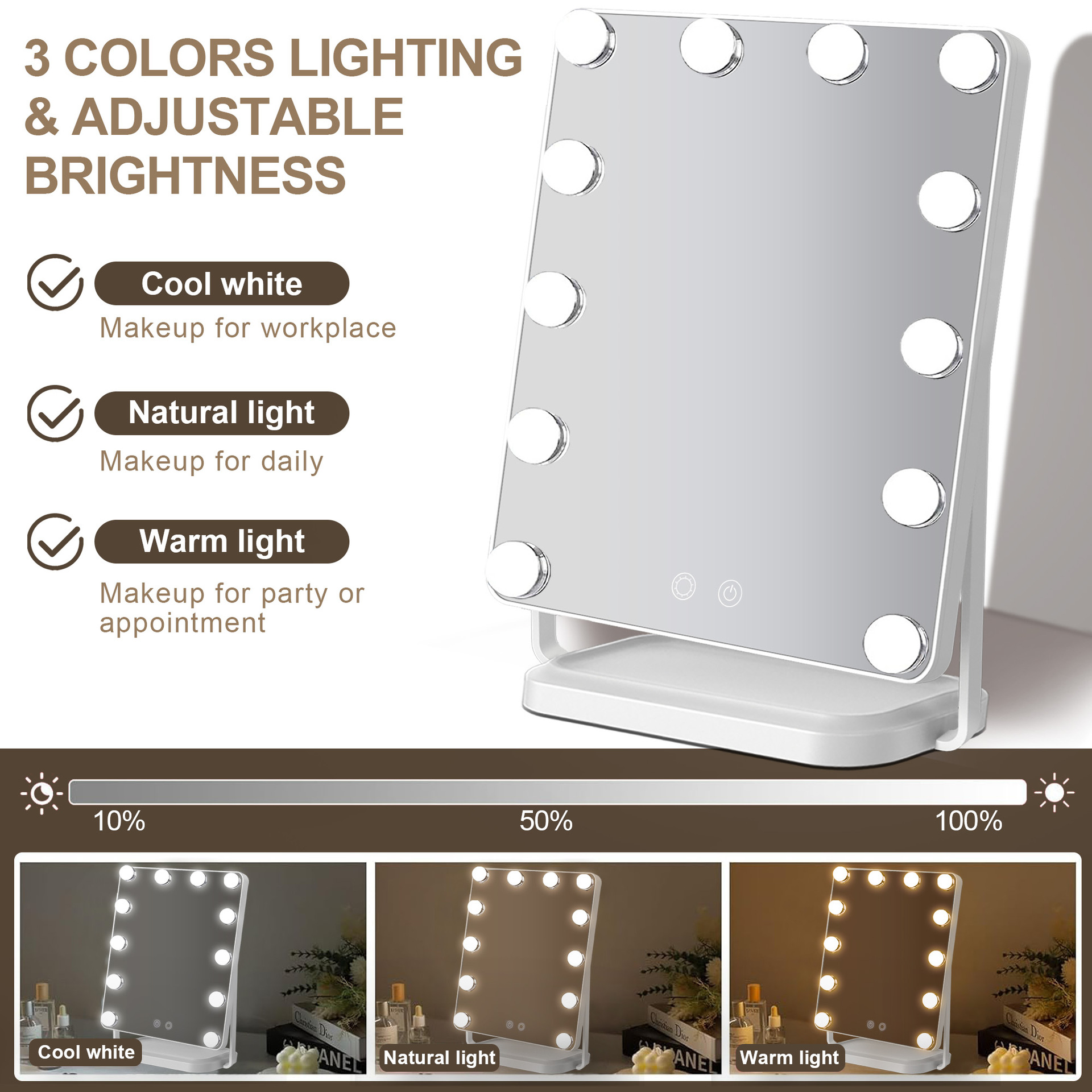 Espejo de maquillaje de Hollywood bombilla led escritorio de escritorio con luz espejo de tocador inteligente salón de belleza profesional