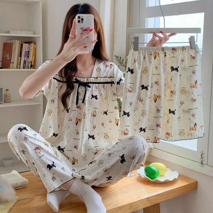 Hellokitty verano nuevo estilo doble pantalones cortos pijamas de tres piezas nube mujer algodón transpirable cuello cuadrado dulce y fresco