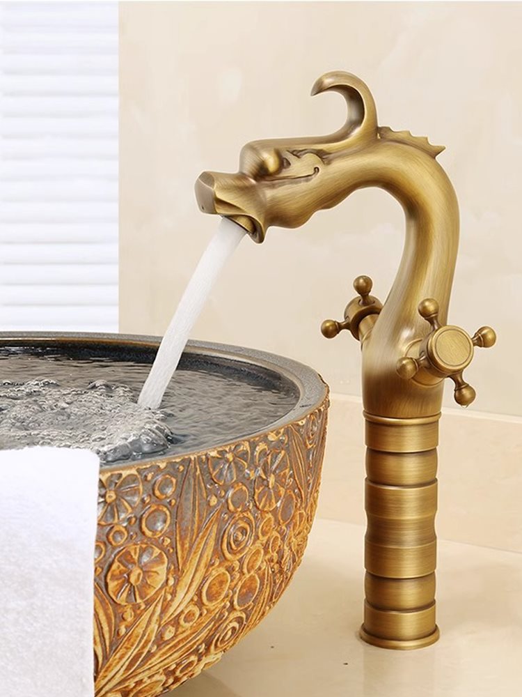 All-Copper Gold Faucet for Bathroom Sink, Home Use, Vintage Creative Washbasin Faucet, Hot and Cold