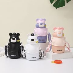 新しい漫画のクマの子供用316ステンレス鋼製魔法瓶カップ、男女学生向け、ポータブルで見栄えの良い斜めストローカップ