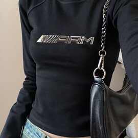 液态金属印花长袖恤女秋冬内搭美式复古正肩修身打底衫短款上衣
