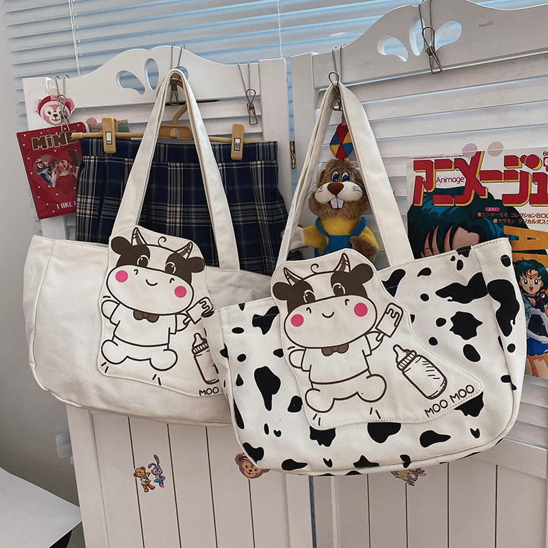 2021 New Japanese Style Harajuku Style Cute Cow Cartoon Canvas Bag Women's Bag Students Large Capacity Shoulder Bag Schoolbag