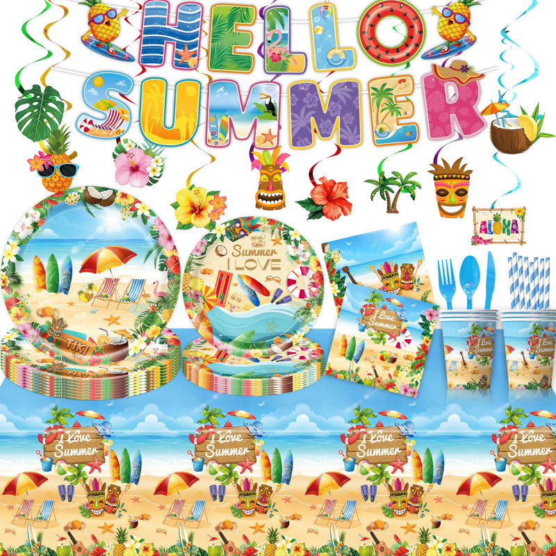 Cross-Border Summer Seaside Hawaiian Theme Party Supplies Tableware Paper Cups Paper Plates Paper Napkins Banners Flags Decorations Cross-Border Summer Seaside Hawaiian Theme Party Supplies Tableware Paper Cups Paper Plates Paper Napkins Banners Flags Decorations