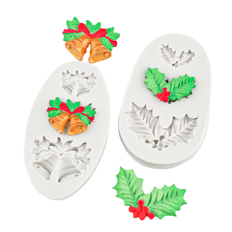 Decoración de hoja de acebo de Navidad Diy decoración de pastel de fondant molde de silicona campana de yeso molde de horneado de chocolate