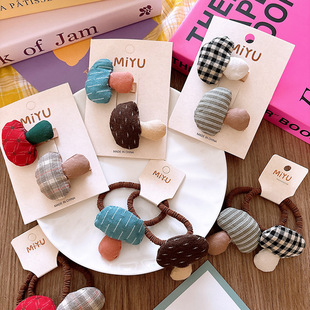 Korean-style Early Autumn New Children's Plaid Mushroom Clamp All-match brown Girls' High Elastic Hair Rope