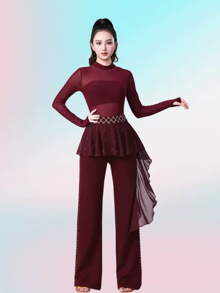 Jitba Women's New Half-High Collar Crotchless Long-Sleeved Dance Clothing Top Square Dance Latin Dance Ballroom Dance Practice Clothing
