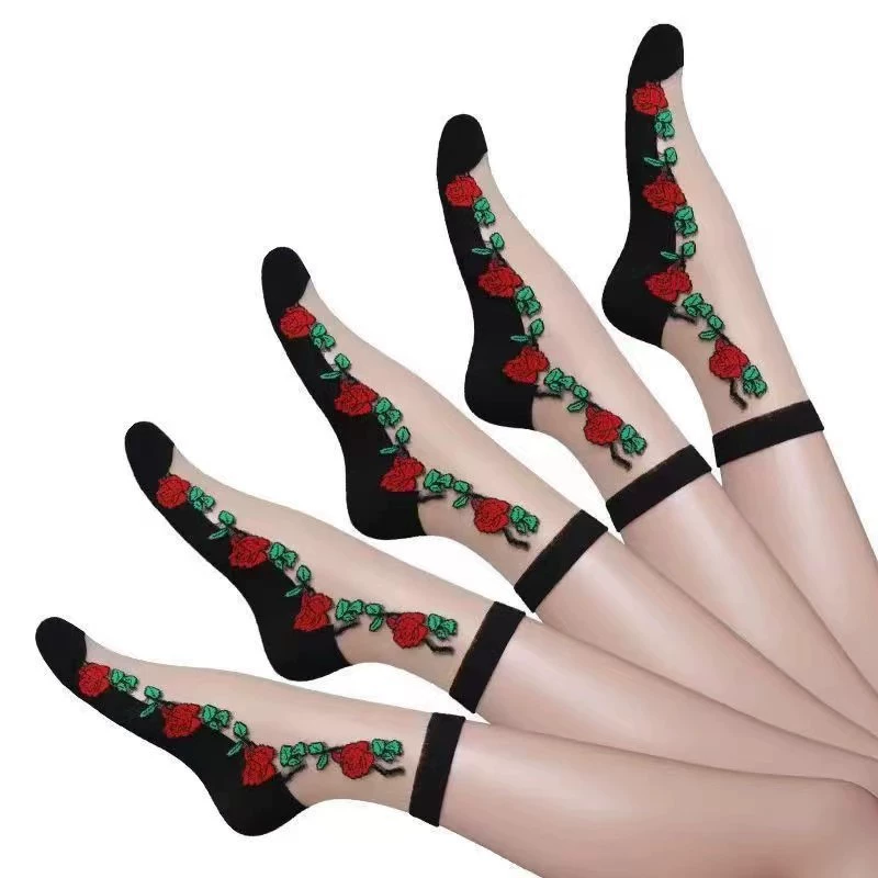 Летние тонкие средние носки женские кружевные прозрачные стеклянные носки удобные дышащие хрустальные носки розы