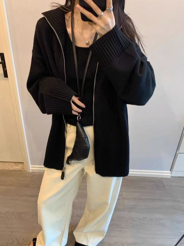 2025新款秋冬高级感针织开衫女中长款毛衣宽松显瘦慵懒风上衣外套|undefined