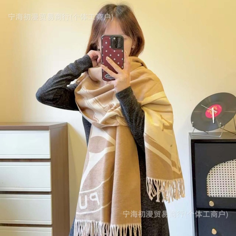 正确版本长双面仿羊绒围巾女高级感秋冬老花字母披肩加大保暖加厚|undefined