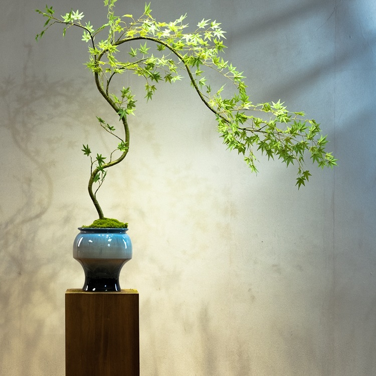 流泉枫绿植假花古风新中式茶室装饰禅意玄关摆件小型盆景