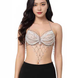 欧美跨境亚马逊节日派对百搭珍珠上衣水钻胸衣罩链背心 bra top