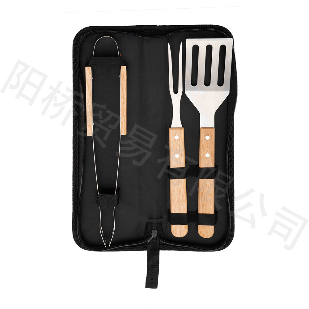 Fábrica amazon barbacoa herramientas bolsa de tela mango madera para hornear set traje picnic al aire libre cuchillo acero inoxidable tenedor pala clip