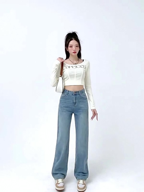 女性のためのライトブルーのワイドレッグジーンズ 2025 夏の新しいハイウエストスリムドレープルーズナローストレートパンツ|undefined