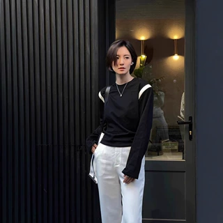 【清仓不退换】23夏季新款 时尚拼接皮革条纹圆领长袖T恤女 垫肩