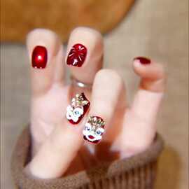 新年红色醒狮纯手工穿戴招财美甲高级短款氛围感美甲穿戴甲显白