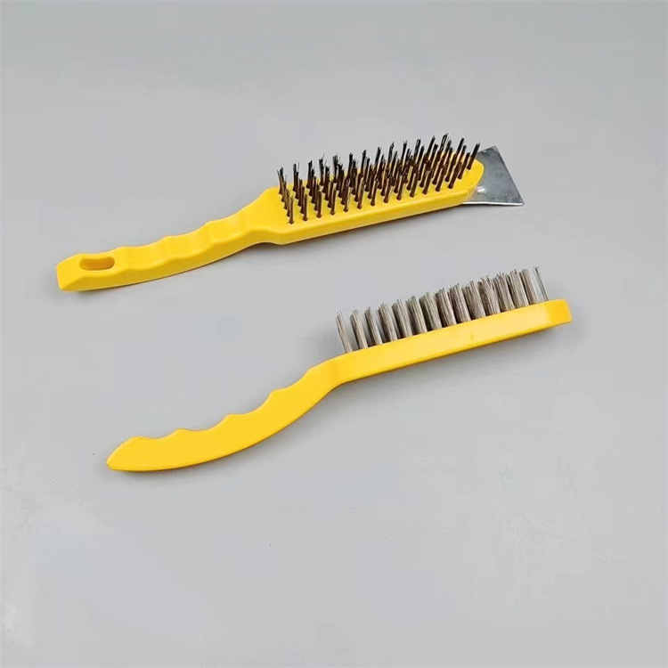 Cepillo de alambre con espátula Cepillo de alambre con mango de plástico amarillo Cepillo de alambre de acero pulido y limpieza Cepillo de alambre de acero industrial Cepillo de alambre de acero con mango de plástico