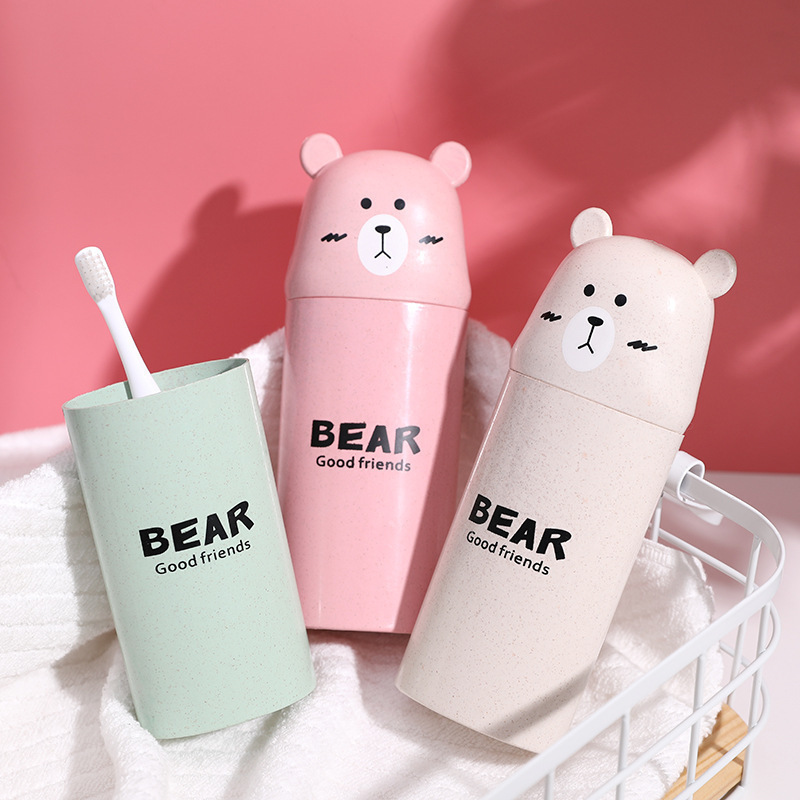 Trigo paja Oso de dibujos animados taza baño par enjuague bucal taza viaje portátil pasta de dientes cepillo de dientes taza de almacenamiento image 5