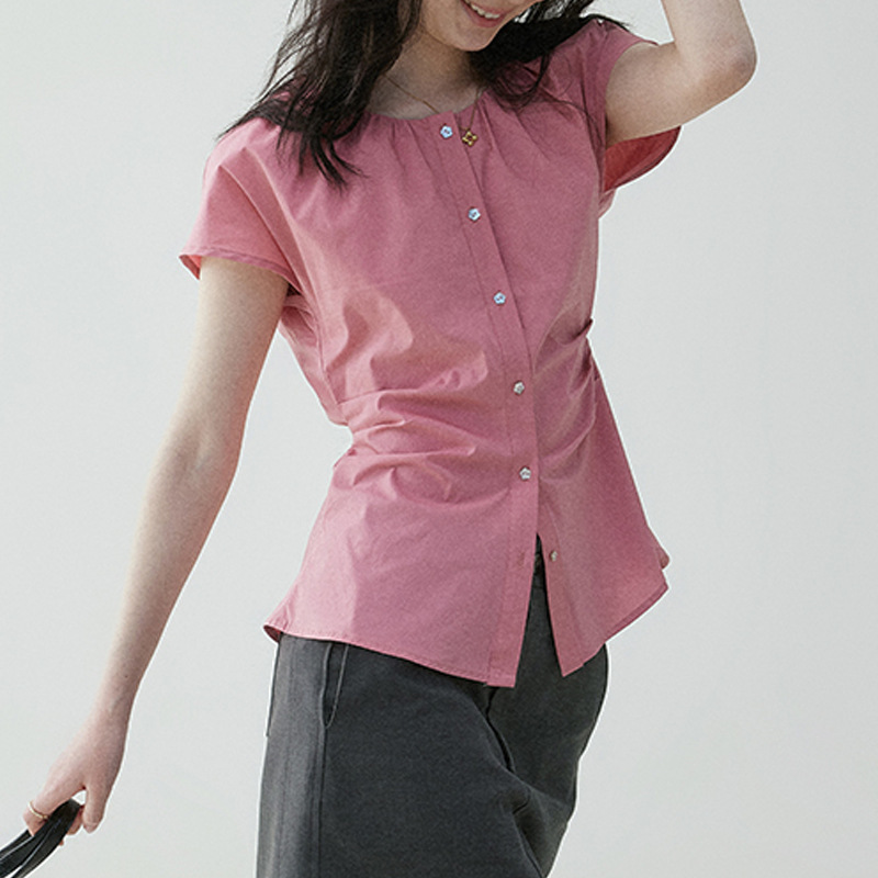 "Mustard Pie Vooe" French Waist Pleated Strap Slim Shirt Women's New Summer Slimming Look Work Clothing Top