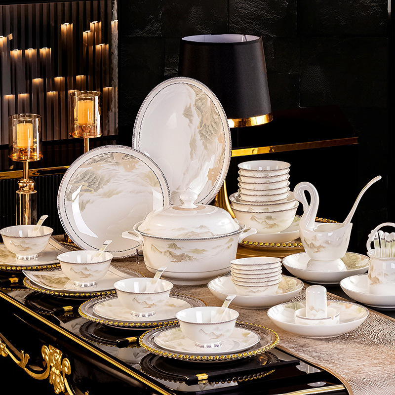 Jingdezhen ceramic bowl and dish suit household light luxury bone china bowl and plate combination full set of company Gifts Wholesale