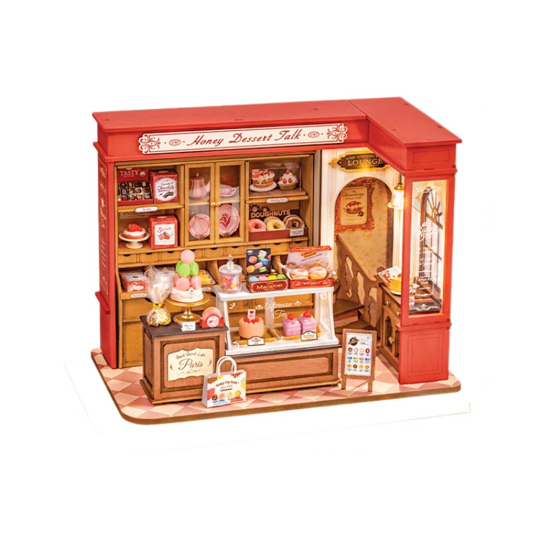 Rolife Tienda de postres Ruolai Cabaña de bricolaje Casa pequeña de madera hecha a mano Puzzle Modelo de ensamblaje Bloques de construcción Juguetes Mujer